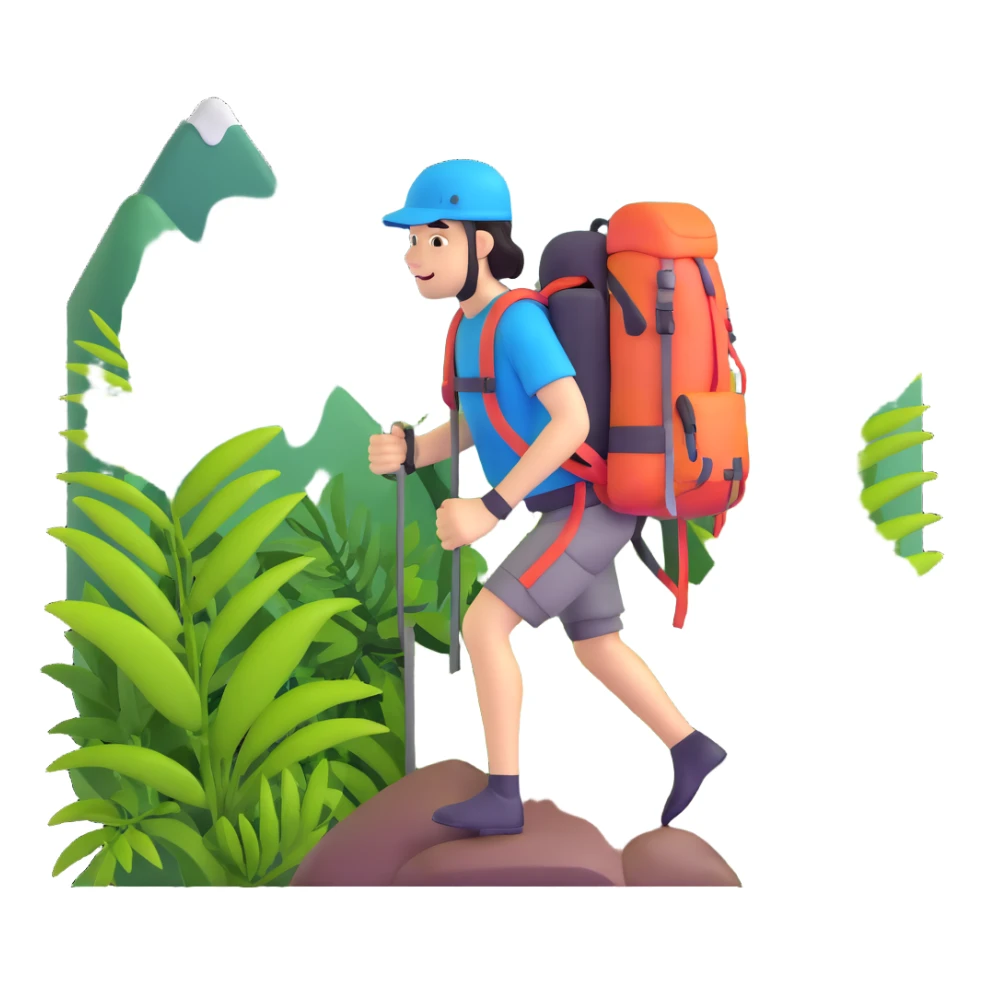 climber with a backpack, surrounded by tropical jungle plants on a mountain sticker