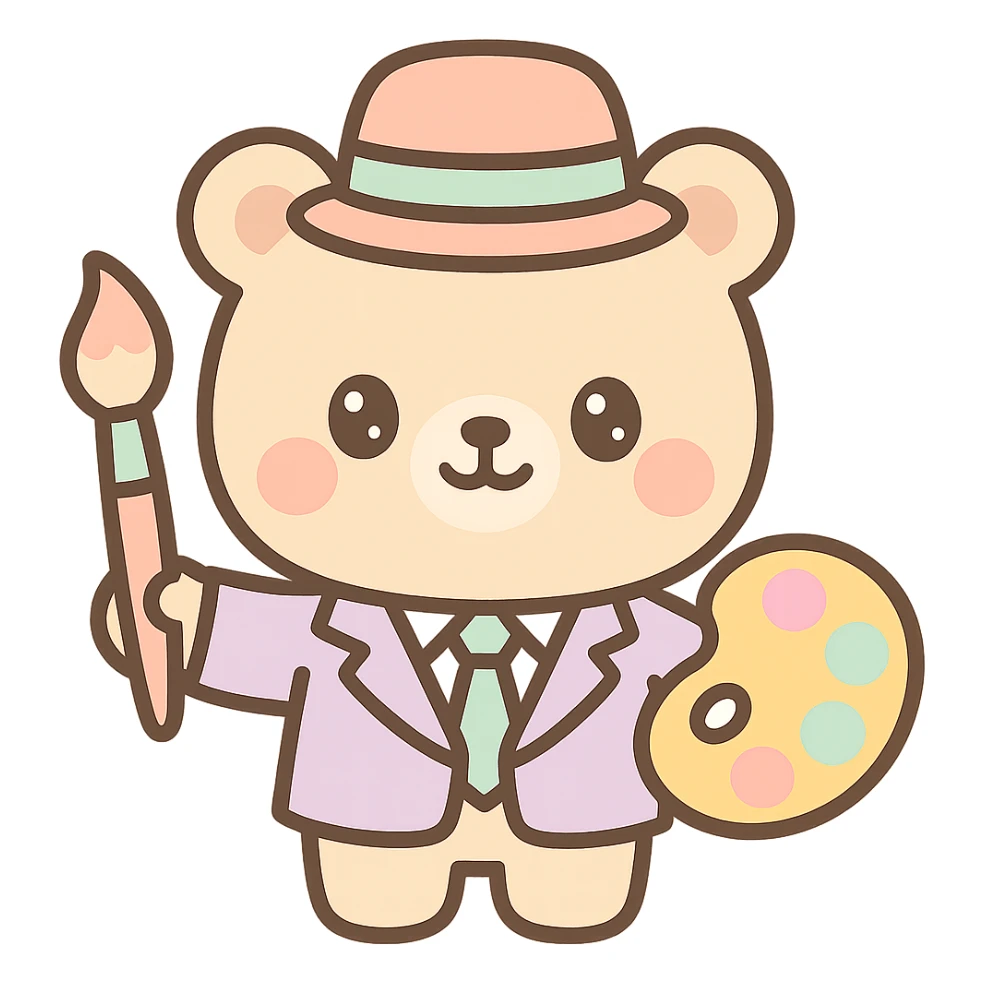 a chief of creative character, professional yet imaginative, with artistic elements like a paintbrush and palette, kawaii style sticker
