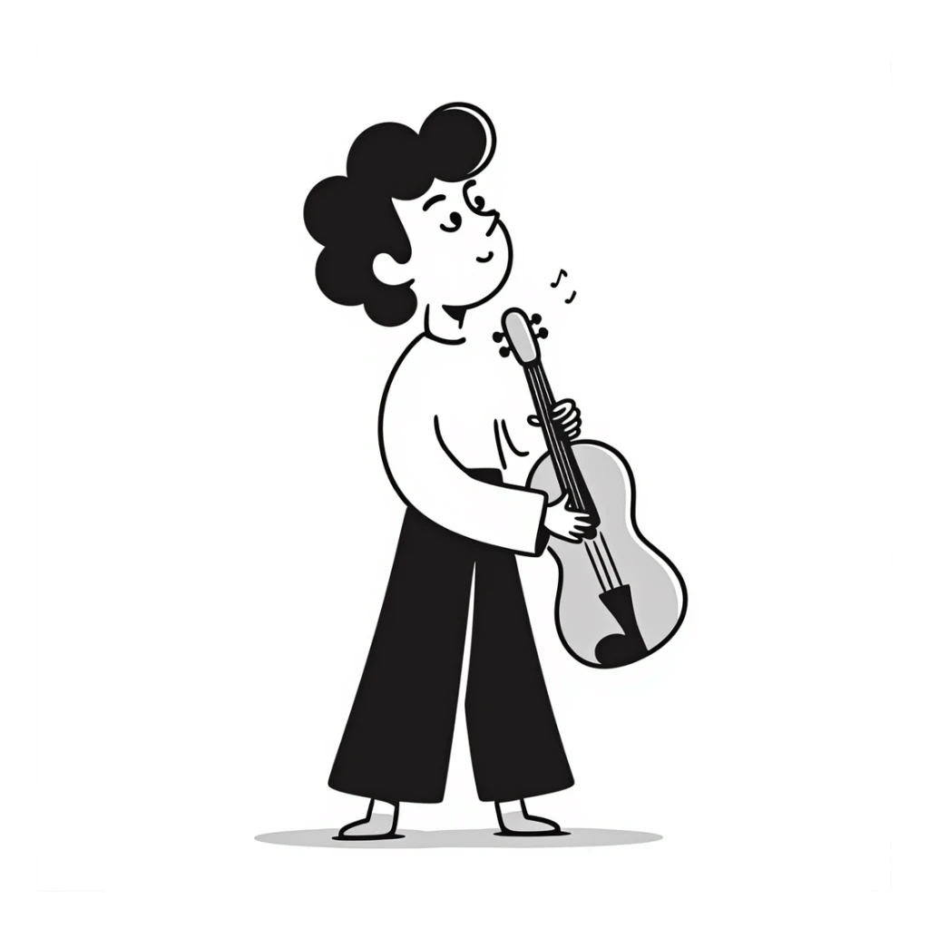 sad musician looking up with a pensive expression, thinking about music sticker