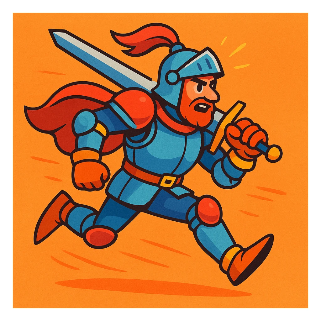man in a medieval knight costume running, action pose, detailed armor, vibrant colors, energetic cartoon style sticker
