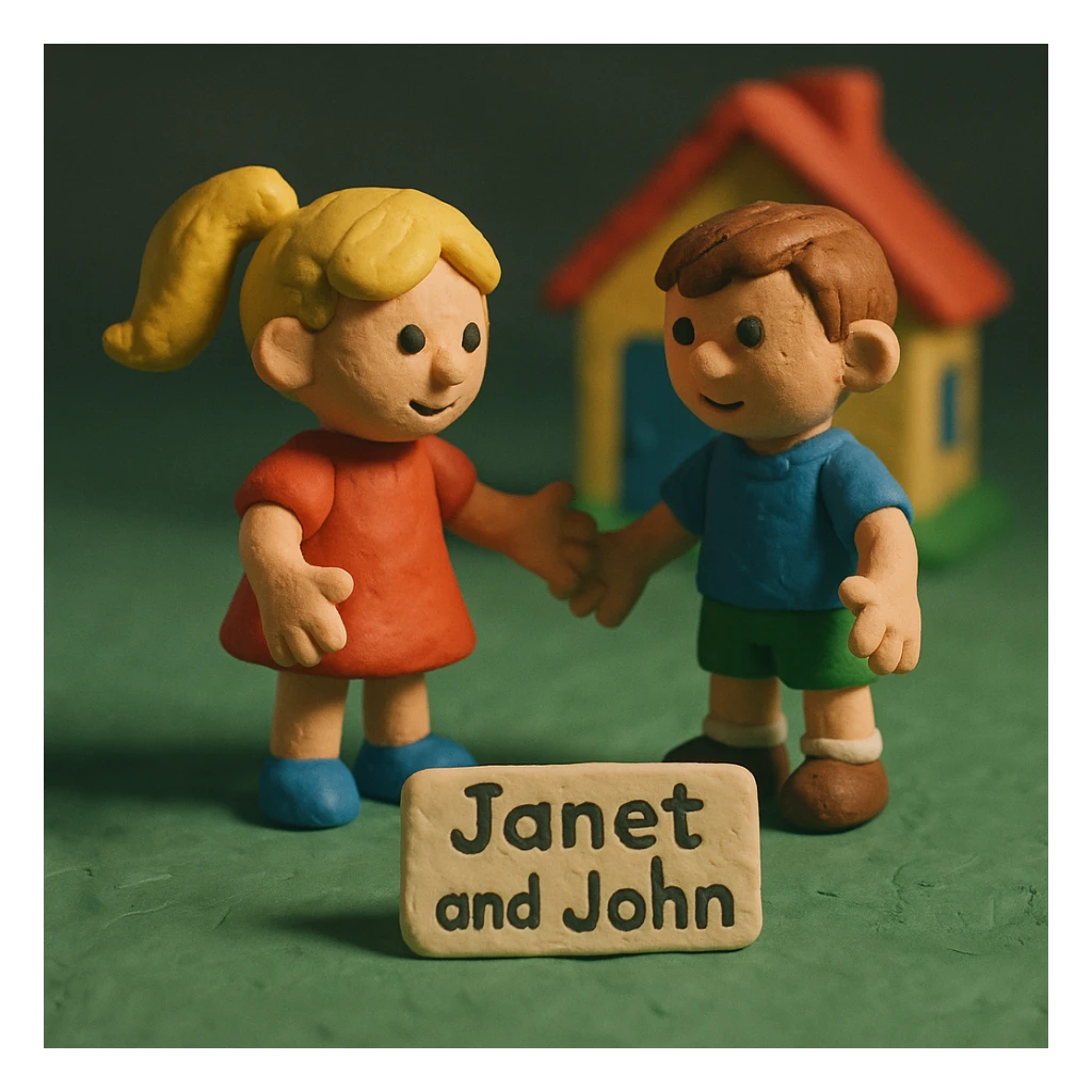 Janet and John story scene in claymation style sticker