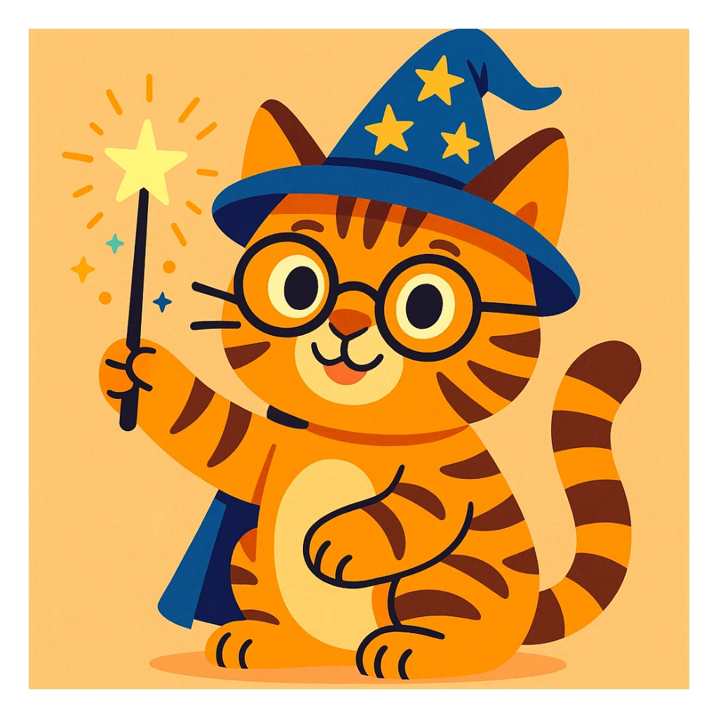 a tabby cat with a wizard hat, Harry Potter glasses, and a magic wand, playful style sticker