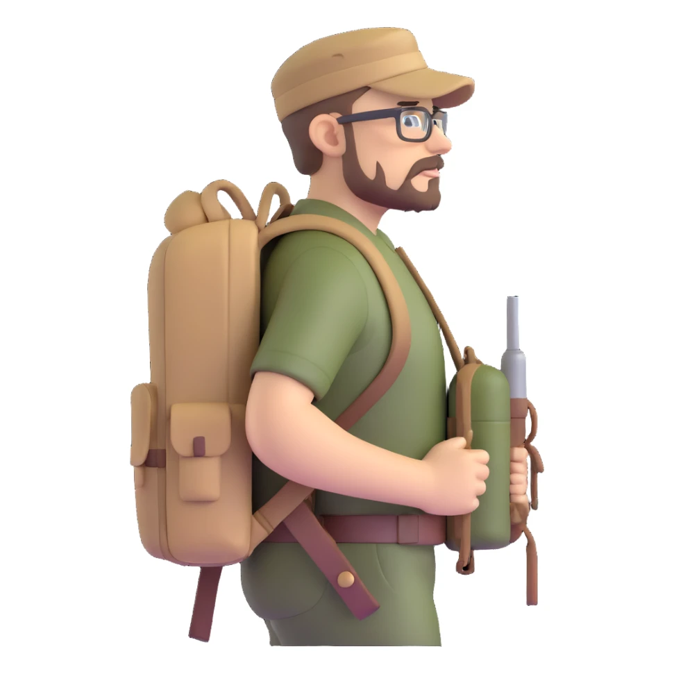 adventurer with goatee beard (no beard on cheeks), short hair, glasses, backwards military tan cap and backpack sticker