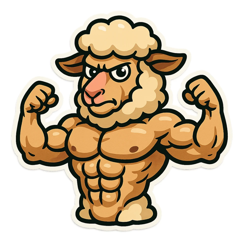 Create a buff sheep with visible 6 pack abs in a cartoonish sticker style. The style should resemble cartoonish stickers with bold outlines and vibrant colors. sticker
