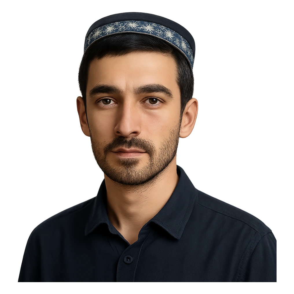 A Tajik man with a slender build, oval face, broad forehead, straight nose, expressive brown eyes, thick eyebrows, dark straight hair, and warm-toned skin, neatly kept facial hair sticker