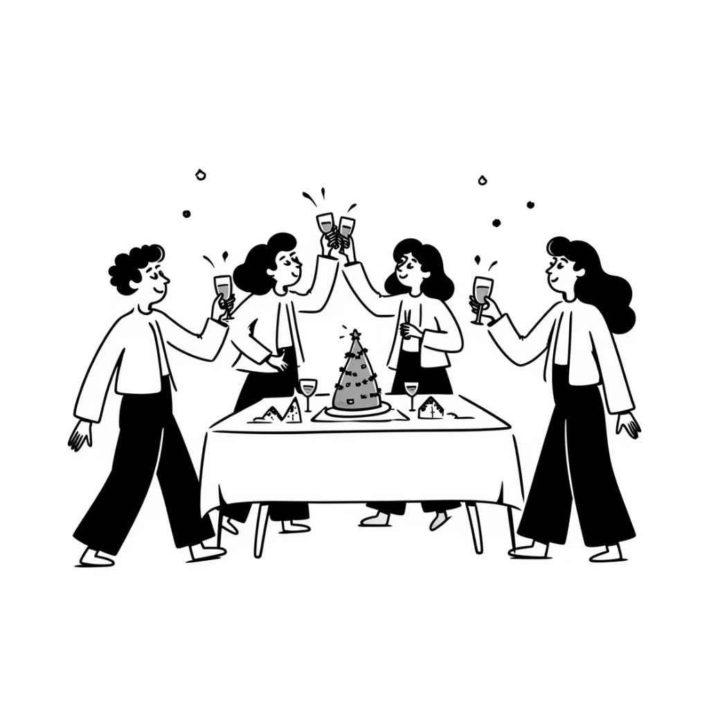 fun office holiday party with coworkers dancing, drinking and socializing around a decorated conference table sticker