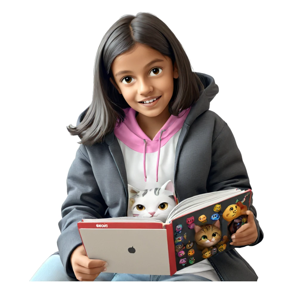 smiling girl with cat hoodie sticker