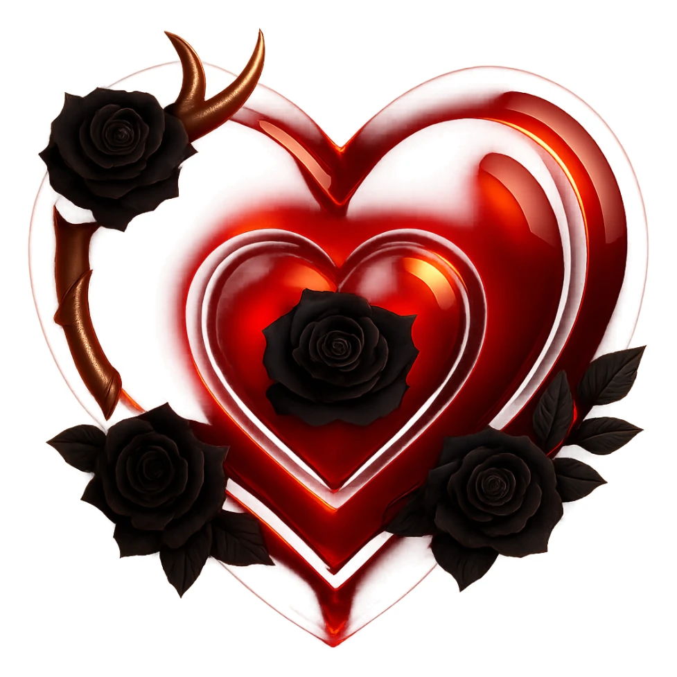 Add a glowing effect to the deep red glass heart, keep the silver crescent moon accent and black rose details, mysterious and opulent, in a 3D emoji-inspired style. Remove the background. sticker