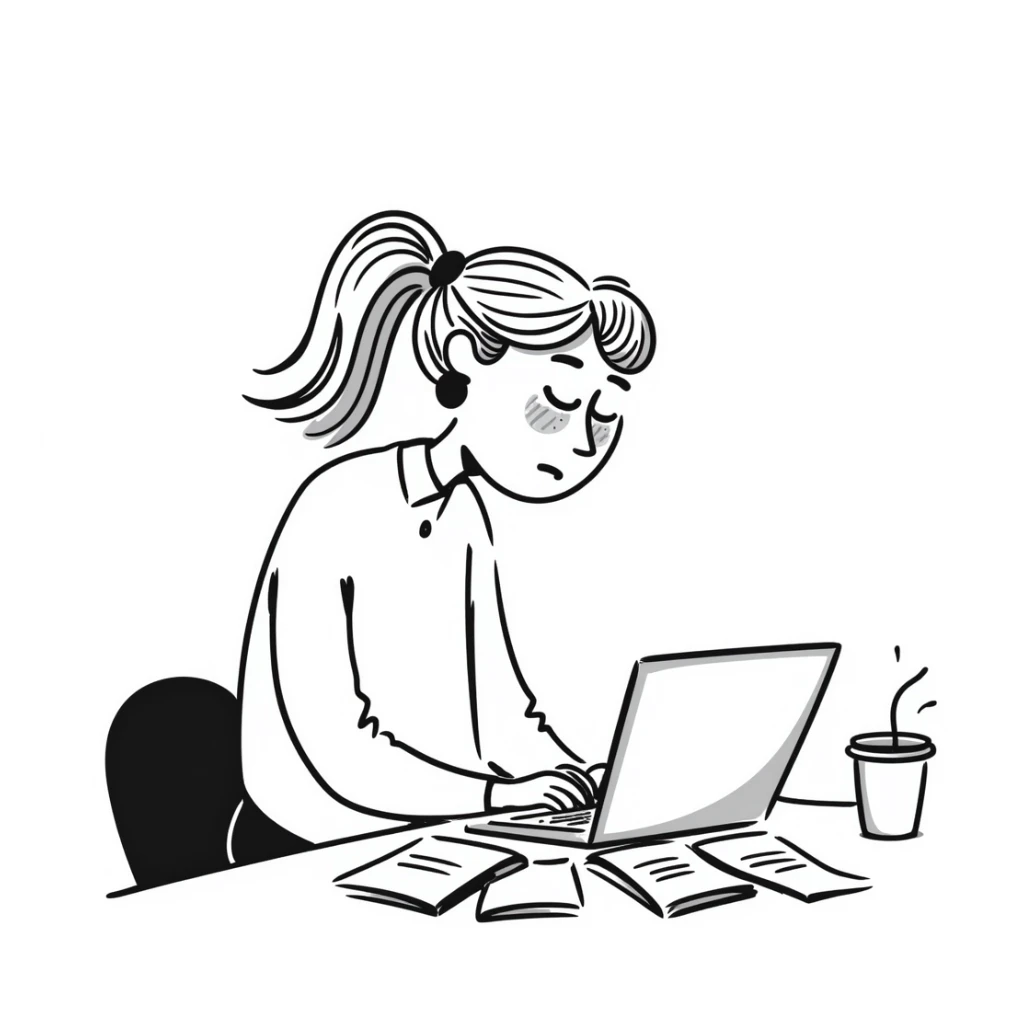 Exhausted blonde woman employee working on a laptop sticker