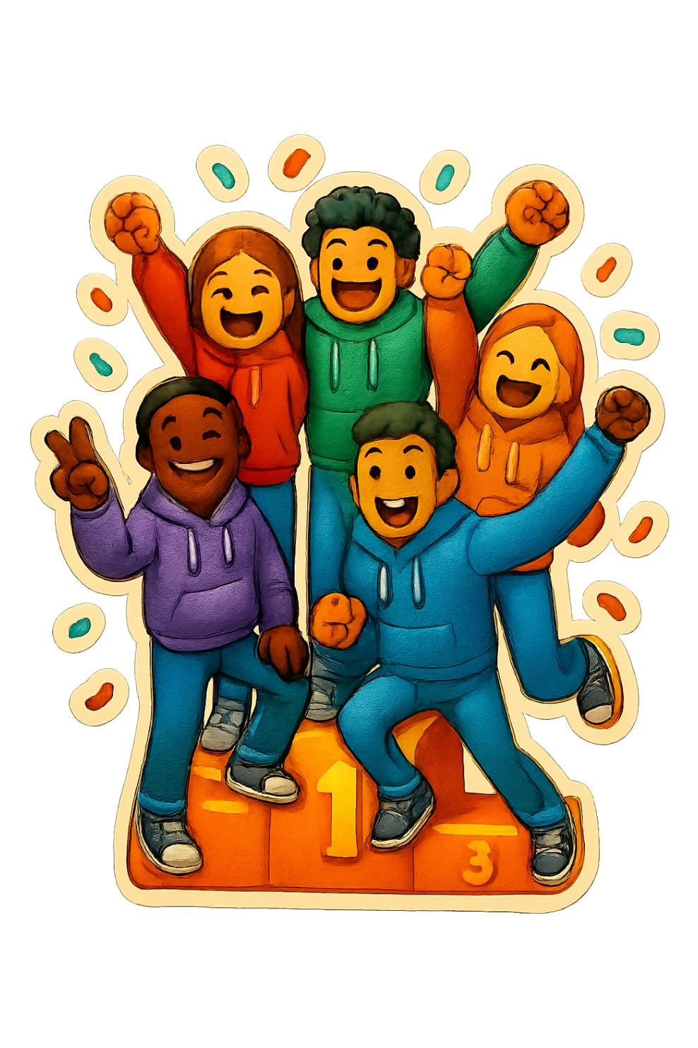 Change to a different pose and add confetti. Keep the group of five multi-racial people on a winners’ podium, no numbers, all in jeans and hoodies, excited, fun, expressive emoji style. sticker