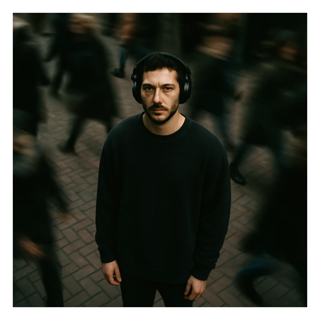 Cinematic overhead shot of the person from the reference image standing still on a brick city sidewalk, wearing a dark oversized sweater. Motion-blurred crowd rushes past around him. Moody lighting, 35mm film look, shallow depth of field, sharp focus on the subject. Urban atmosphere. Maintain the realistic photographic style of the original image. sticker