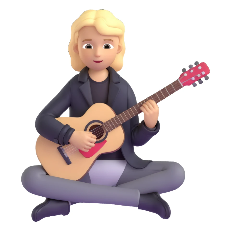 young blonde boy in a black jacket, sitting and playing a guitar sticker