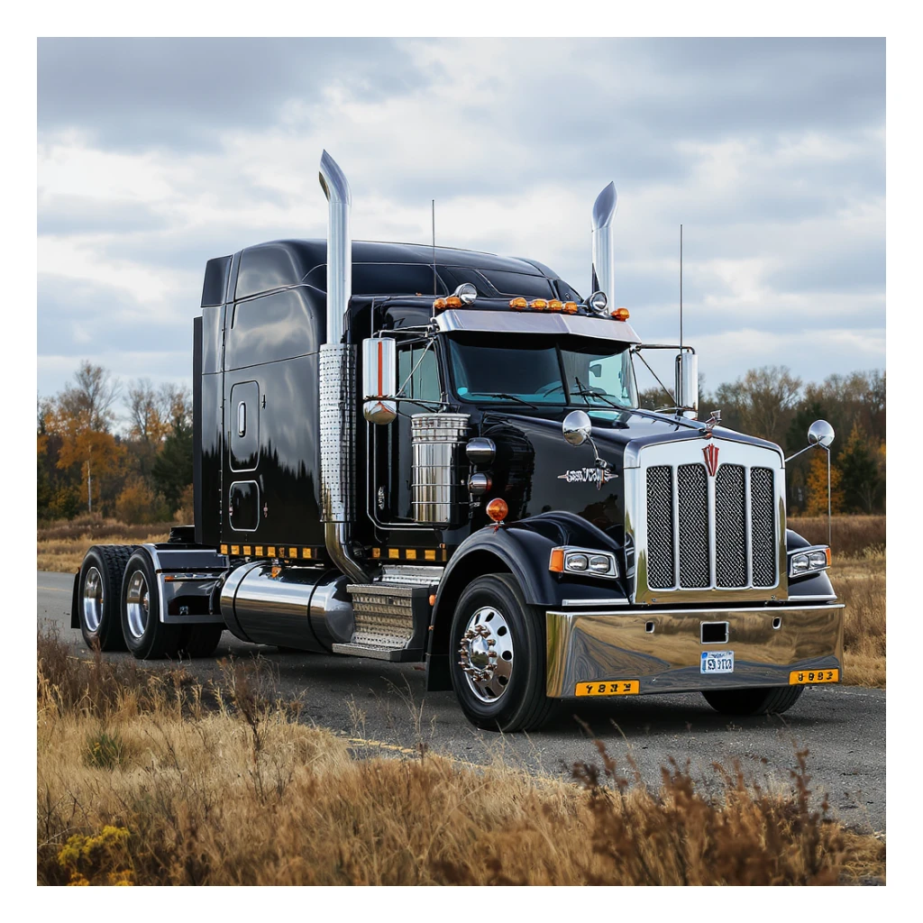 lifelike 2026 black Kenworth T680 Flat Top semi sleeper with shiny chrome stacks, clean and sharp, isolated on transparent background sticker