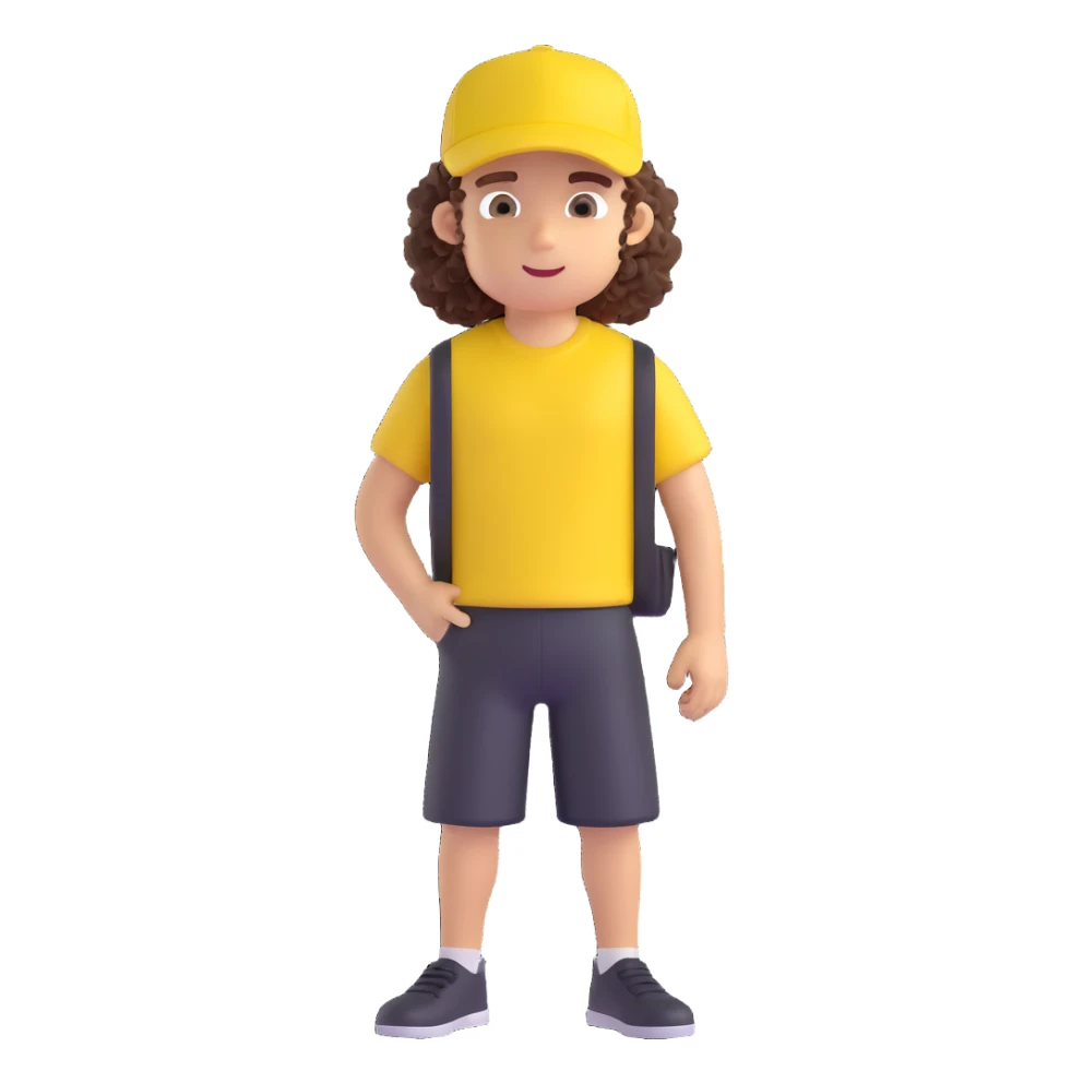 create a character, cute guy, curly, in a black t-shirt and a yellow cap, in 3d sticker