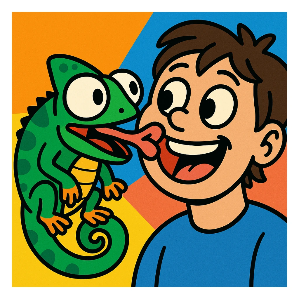 funny comic style chameleon with large eyes sticking out its tongue to lick a person's cheek sticker