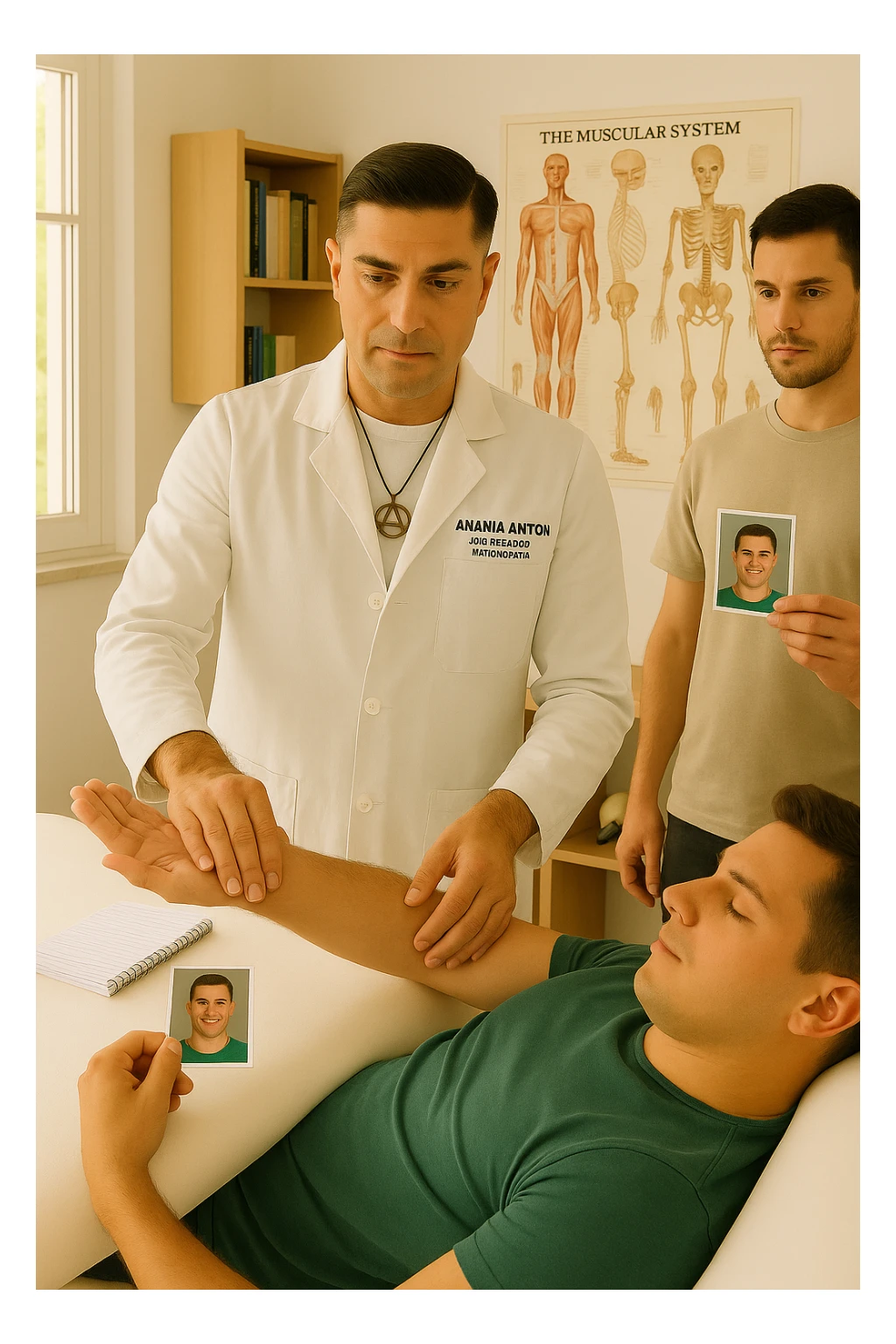 a middle-aged man, dressed in casual professional attire, is in a bright, organized therapy studio. Durante una visita di kinesiologia, il ragazzo tiene con una mano la foto di una persona lontana (il “testimone”) tiene la foto in mano, mentre con l’altra mano esegue un test muscolare su un cliente presente senza foto lui non tiene la foto. Sullo sfondo si vedono libri di kinesiologia, poster anatomici e strumenti tipici della disciplina. L’atmosfera è concentrata e serena, con luce naturale che entra dalla finestra, sottolineando l’aspetto alternativo e umano della pratica. sticker