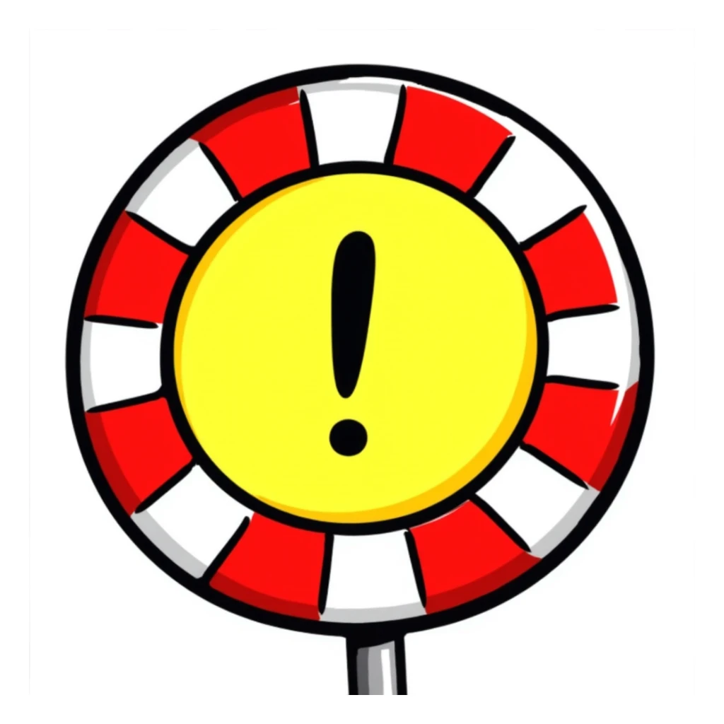 A round warning sign with red and white stripes around the edge and a warning symbol in the center. Hand-drawn doodle style with bright colors. sticker