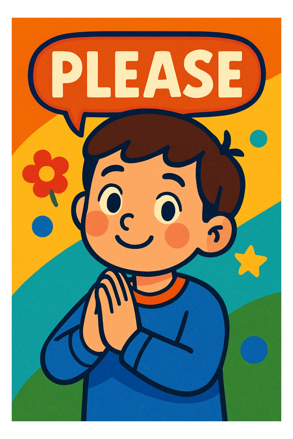 a child saying 'please' with a gentle gesture, etiquette theme, vibrant toon style sticker