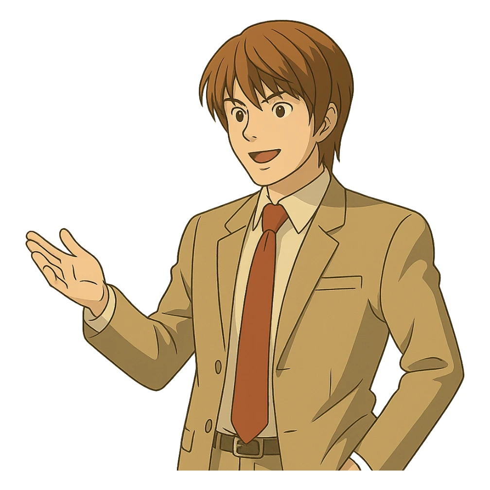 Light Yagami in Ghibli style, standing with one arm extended forward, as if offering something, transparent background. sticker