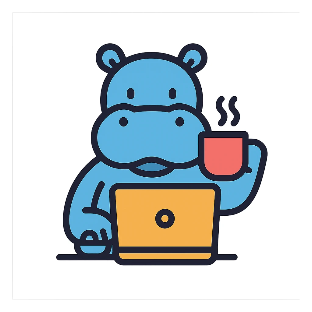A cartoon hippopotamus who sits at a laptop and drinks coffee sticker