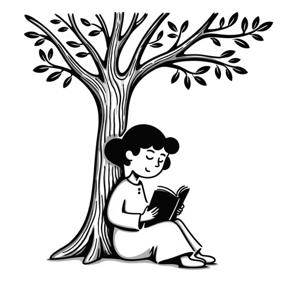 a girl under a tree reading a book, hand drawn doodle style sticker
