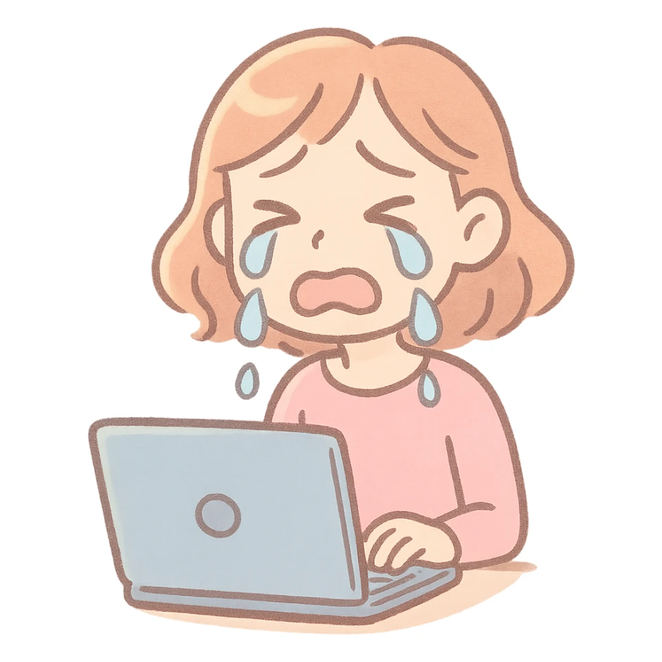 pastel toon style crying woman with laptop sticker