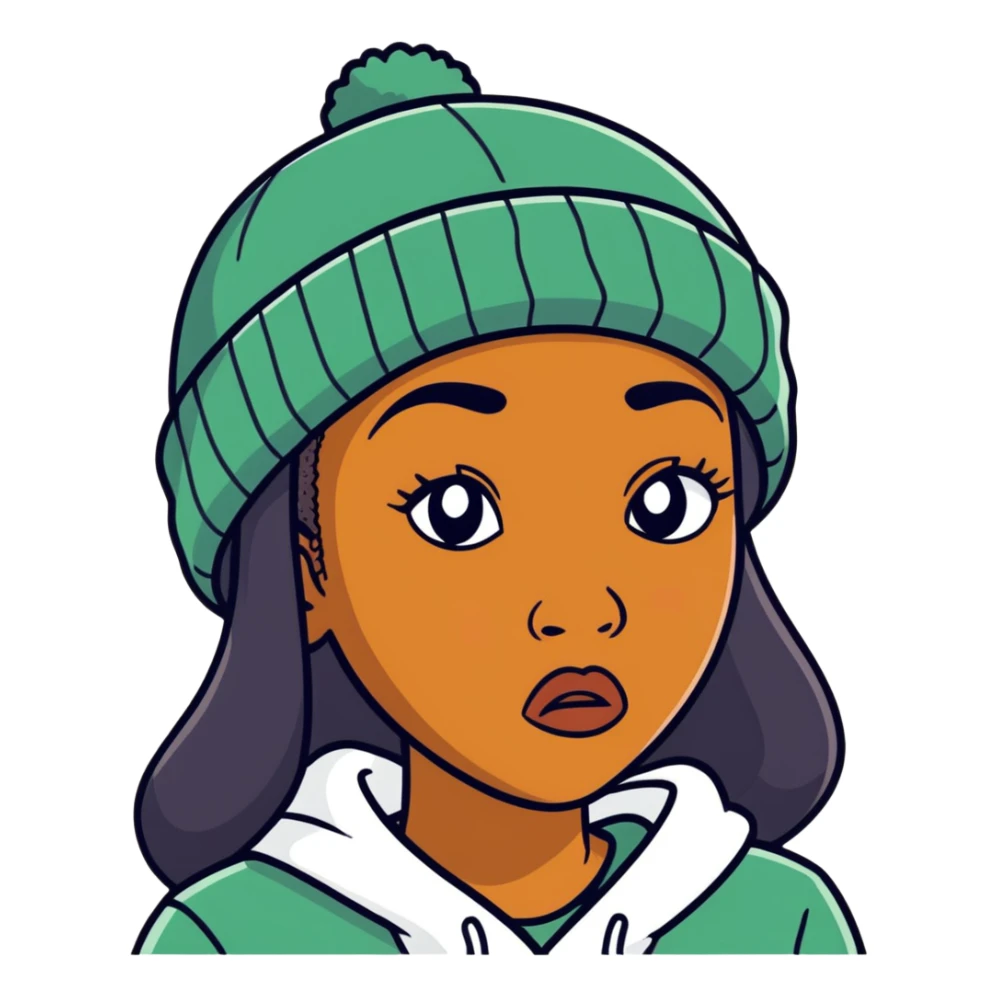 Black woman with the confused but yet disgusted look with a beanie hat sticker