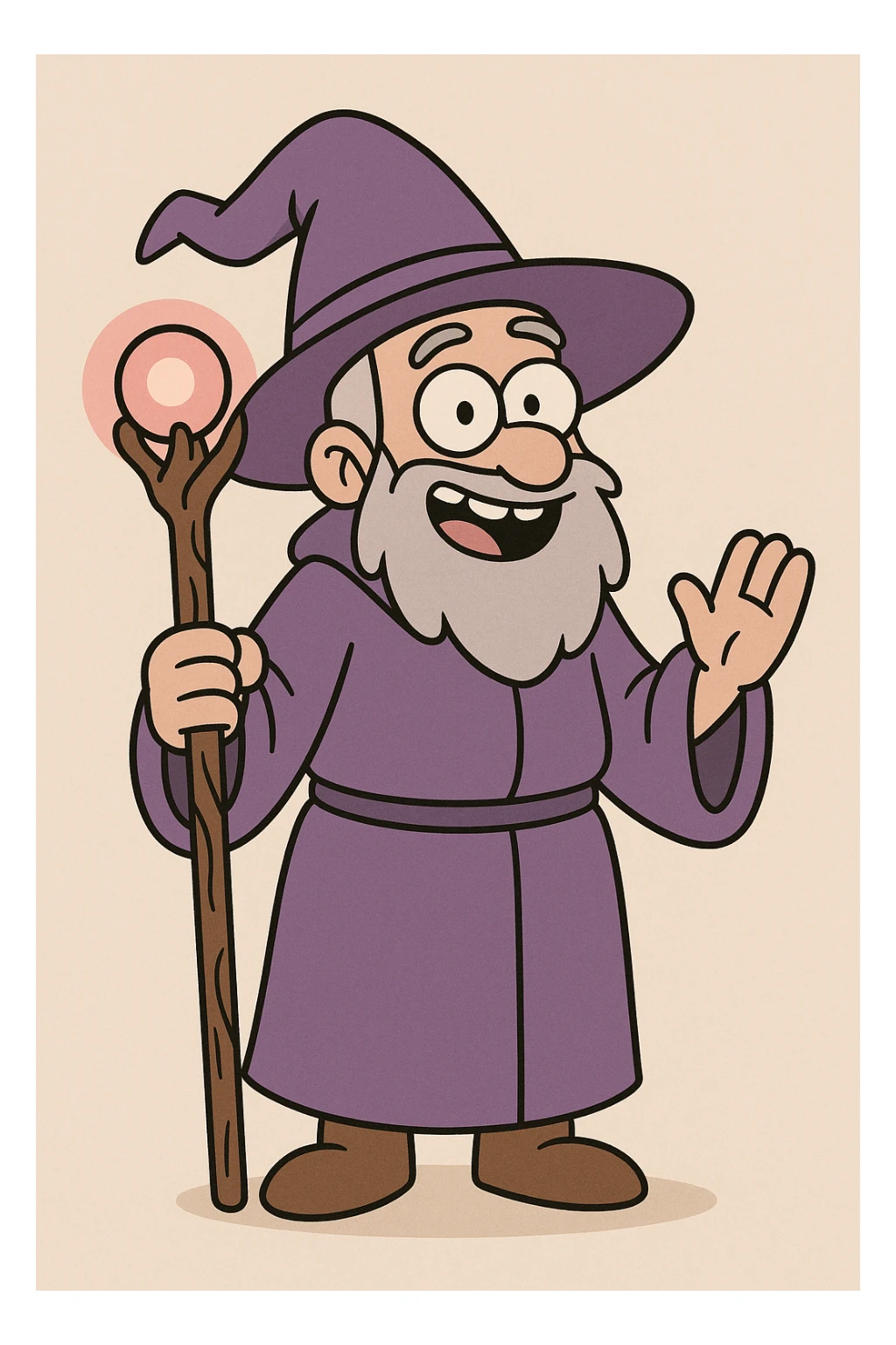 cartoon wizard in purple robes, smiling widely, holding magical staff, cute and friendly appearance sticker