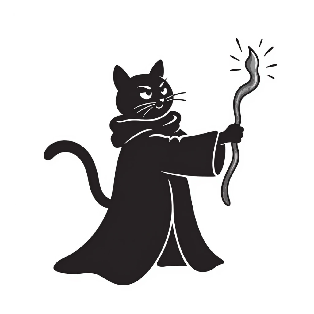 A cat wizard casting a spell with magical staff and flowing robes sticker