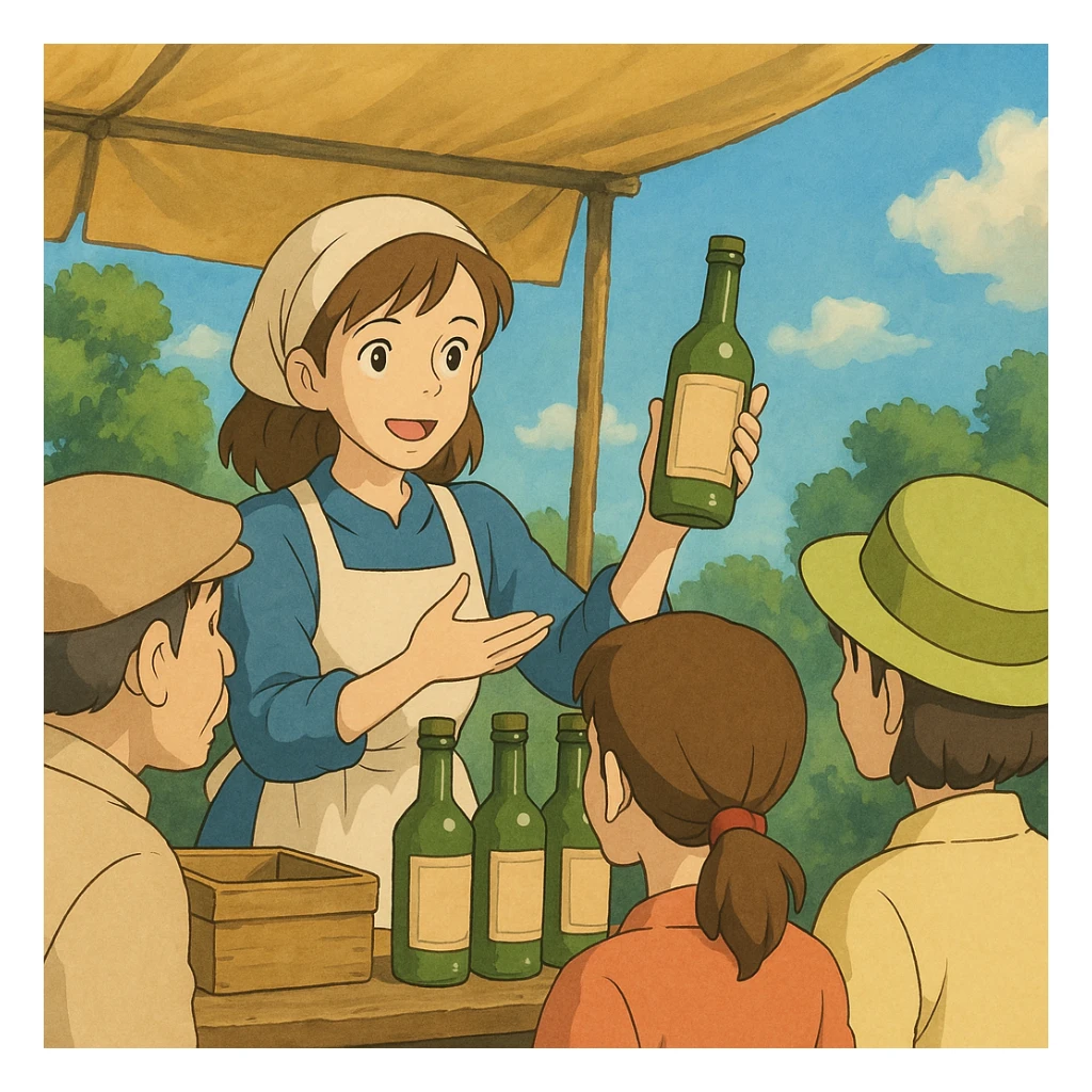 ghibli style woman promoting a product to customers outdoors sticker