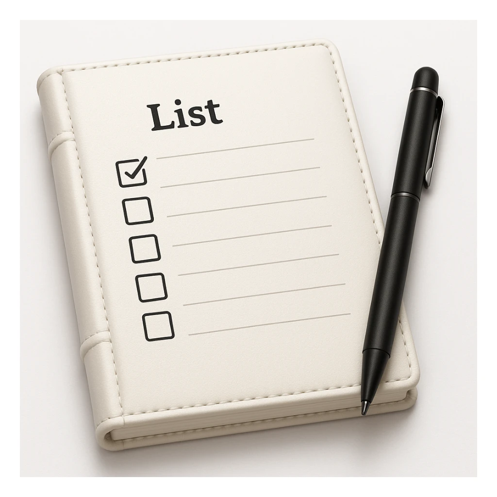 emoji of white leather notebook with some list on it and a black pen nearby sticker