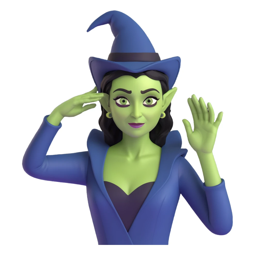 Elphaba, green witch, hand on head, waving, Ozdust Ballroom scene, confident expression sticker