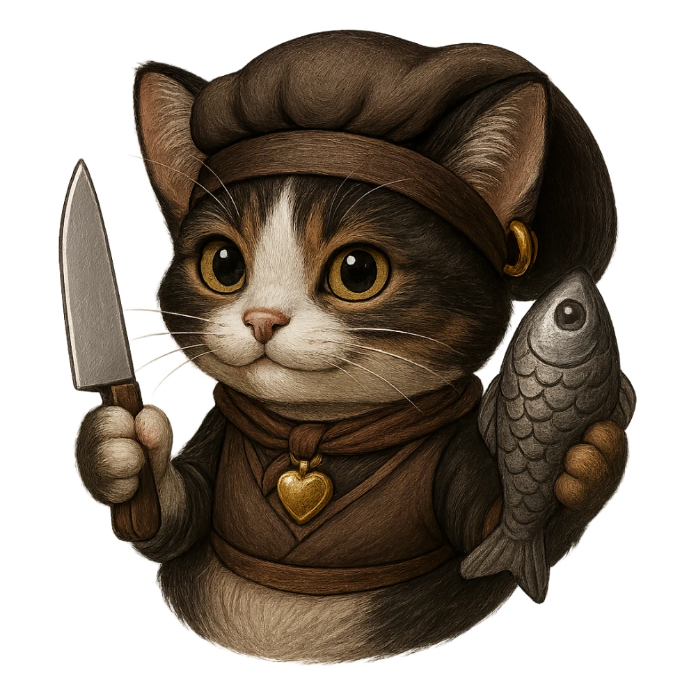 Make the cat chef normal cat colors, but keep the earring gold. The cat is holding a knife and a fish, wearing a bandana, with no background. Maintain the original style and details as much as possible. sticker