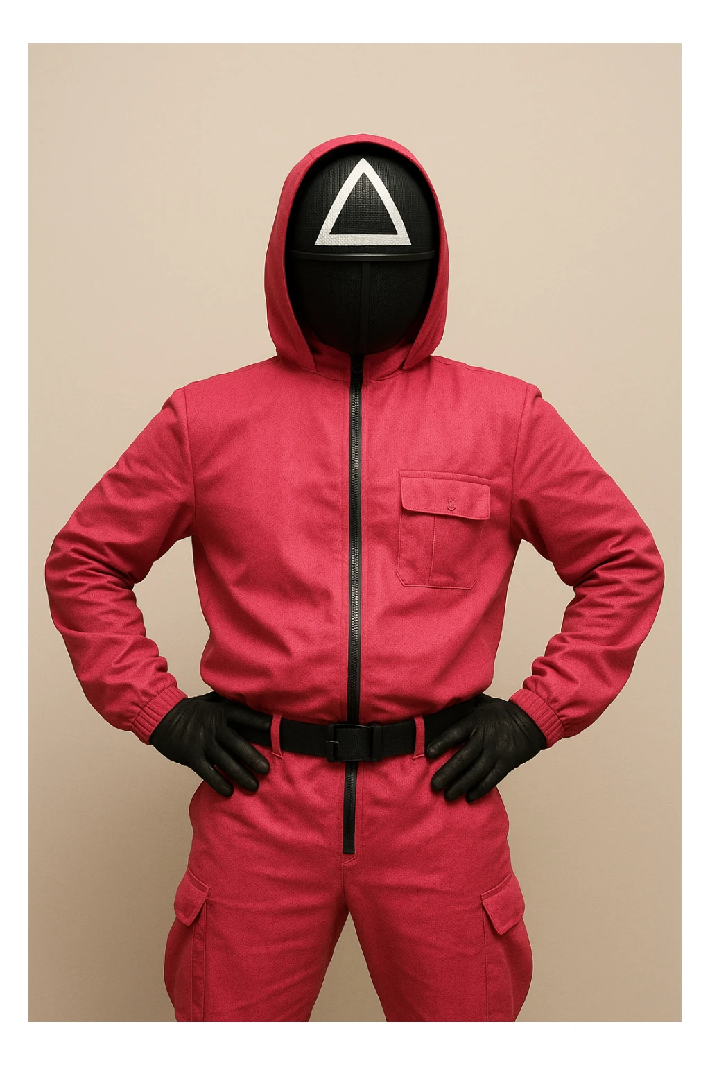 Squid Game man character in pink guard uniform with mask, standing pose, simple background sticker