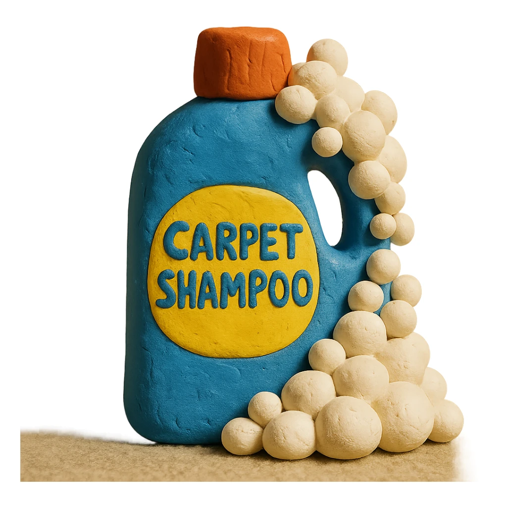carpet shampoo bottle with bubbles and suds, playful look, claymation style sticker