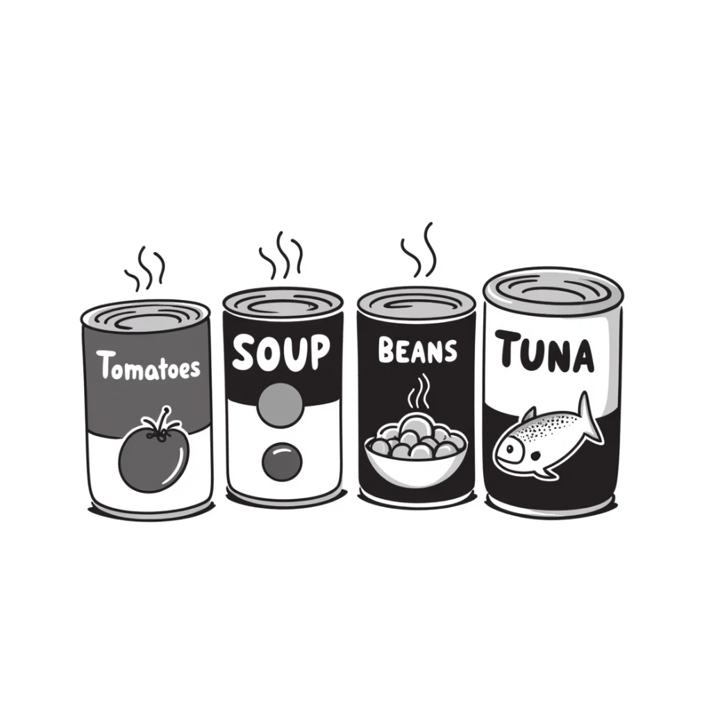Four hand-drawn canned food items, showing different types of canned goods sticker