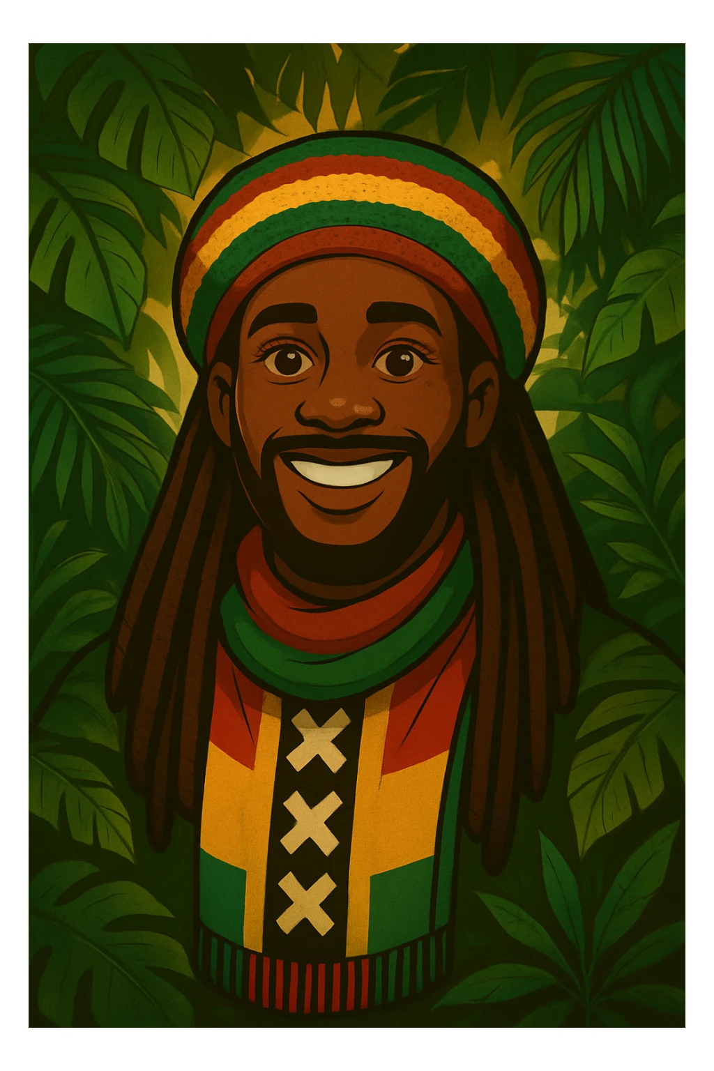 “Create a powerful illustrated portrait of a smiling man with long dreadlocks, wearing a colorful red, gold, and green knitted tam. The background has jungle leaves and warm lighting. Style: vibrant digital art, modern, bold lines, reggae vibe. With a Amsterdam colour scarf around his neck I gave a idea sticker