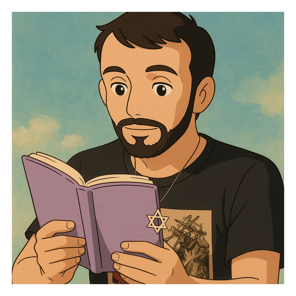 Create an illustration of a white young man with a black beard, straight hair, and brown eyes reading a lilac-colored book. Match his facial features and hair style from the reference photo. Use a visually appealing, friendly Ghibli style. sticker