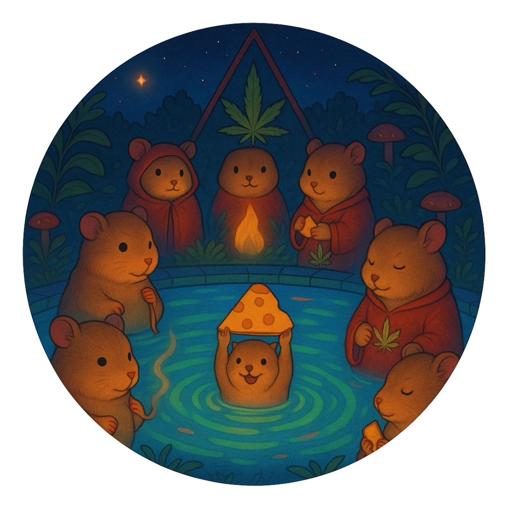 Reformat the image for a Discord server icon: crop to a centered, simple, circular composition, keep the main hamster cult pool party theme, vibrant Ghibli style, clear at small size. sticker