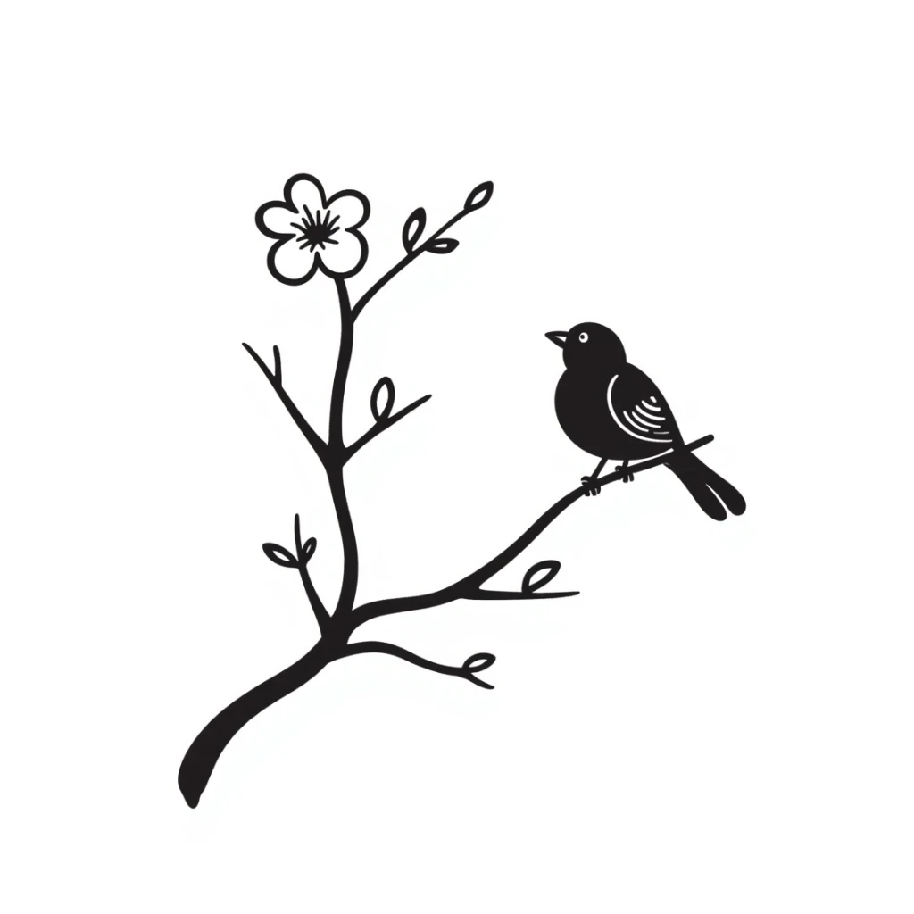 sakura cherry blossom, black doodle hand-drawn style sticker