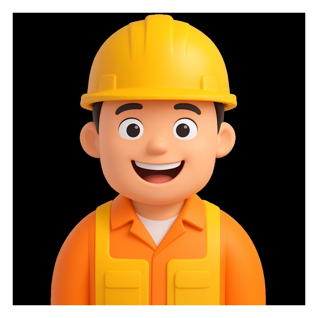 make the construction worker look happy, with a big smile, bright eyes, and cheerful posture in 3d-emoji style sticker