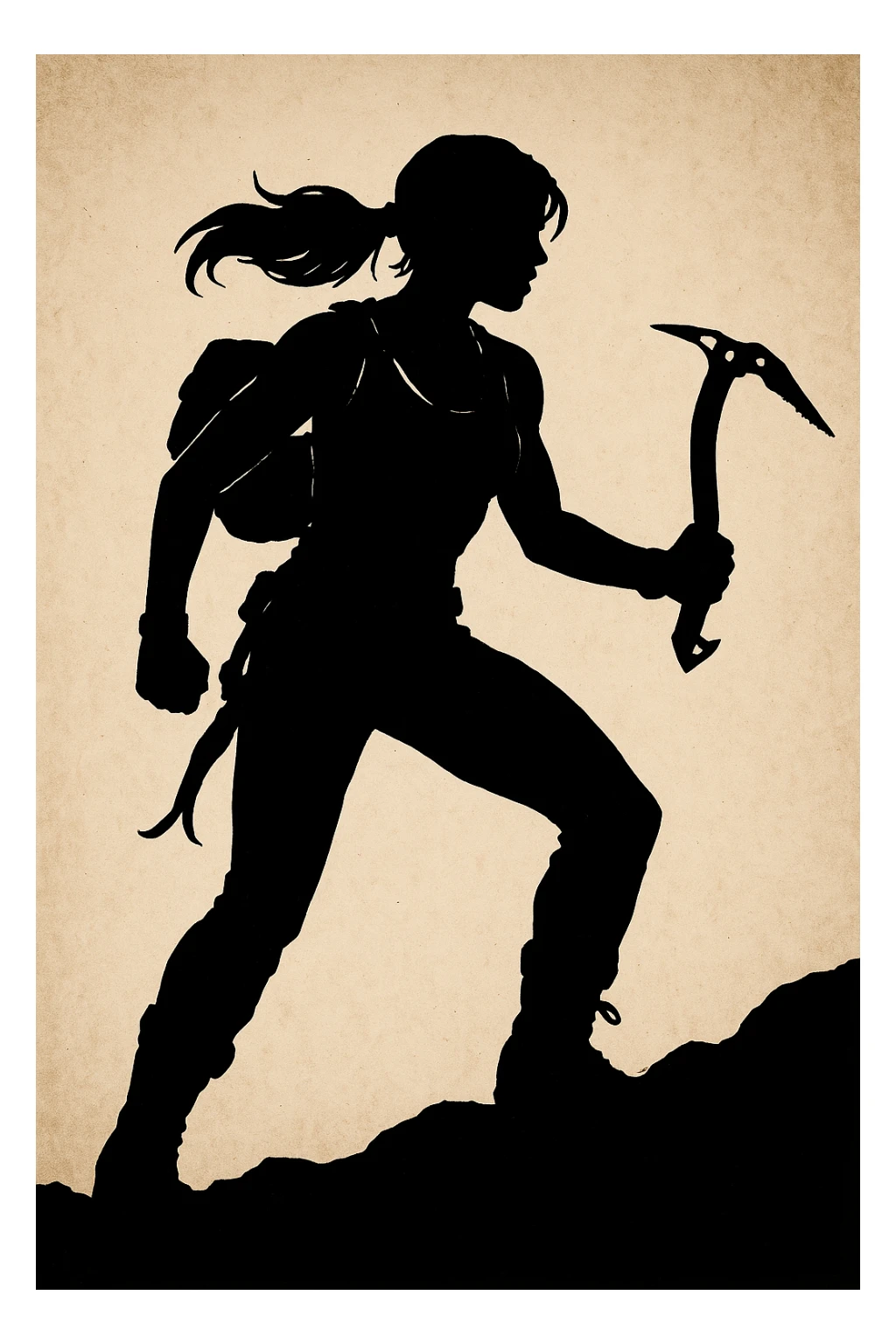 Lara Croft silhouette with backpack and climbing axe, Tomb Raider theme, bold and adventurous, no text sticker