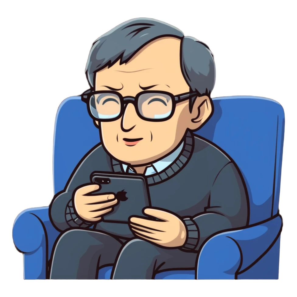 Stephen Hawking with glasses sitting on a couch playing a mobile phone game sticker