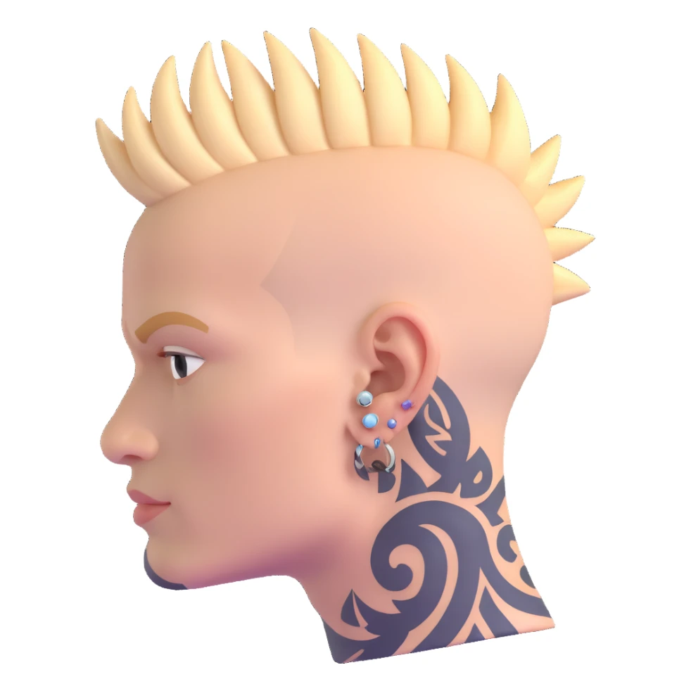 head of a white man with mohawk, earring, and head tattoo sticker