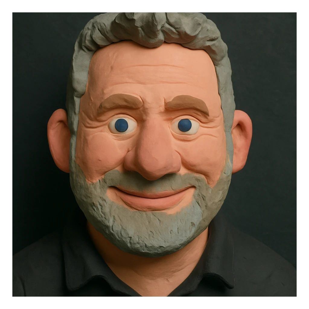 Claymation portrait of the user's face with a slightly larger forehead, friendly and confident facial expression, background in anthracite color, different lighting mood. sticker