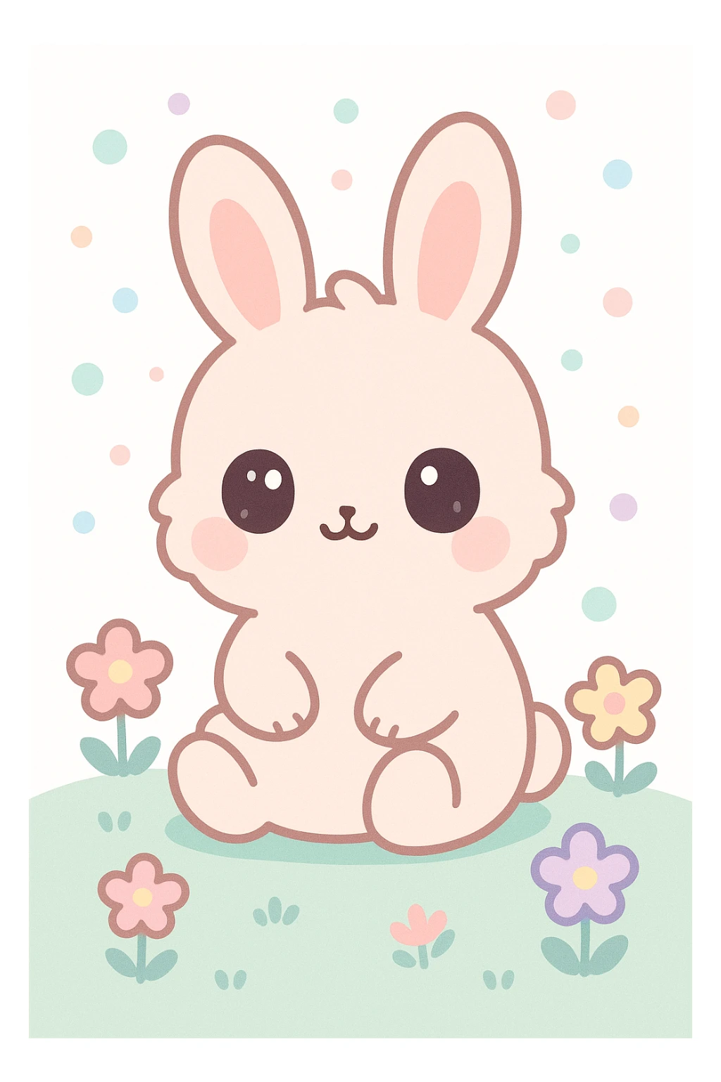 cute fluffy chibi bunny with big round eyes, soft fur, pink cheeks, sitting on a grassy field with flowers, pastel palette, springtime setting, digital art, kawaii cartoon, 4k resolution sticker