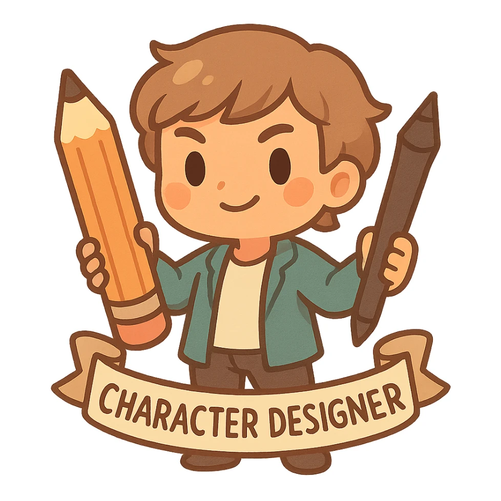 playful gender-neutral character representing a professional character designer holding art tools like pencil or stylus confident creative vibe sticker