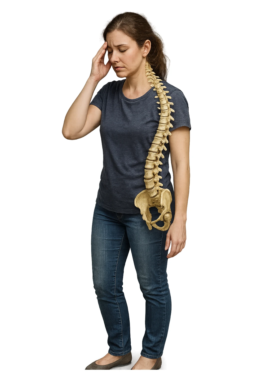 donna stanca a figura intera che si tiene una mano sulla tempia con spina dorsale anatomica visibile, iperrealistico 4k sticker