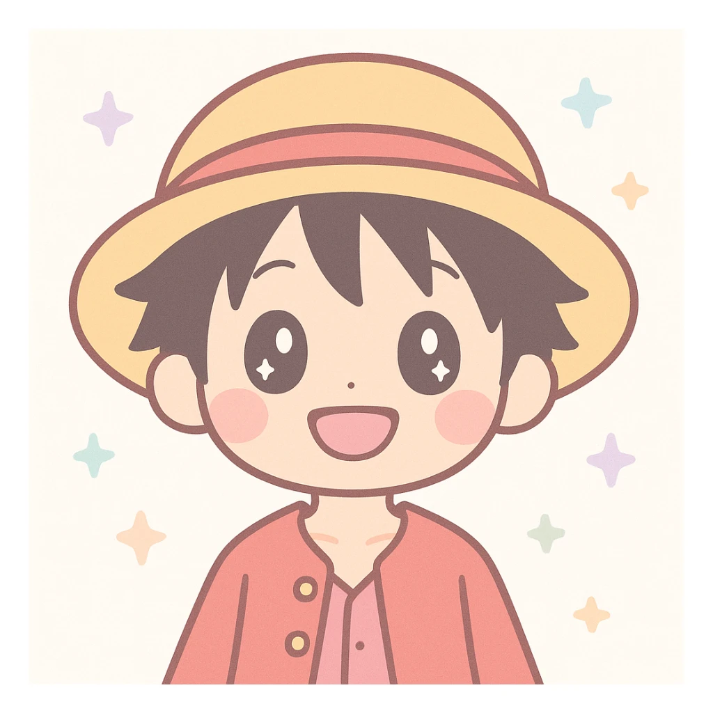 Luffy from One Piece, cheerful, wearing his signature straw hat, anime style sticker