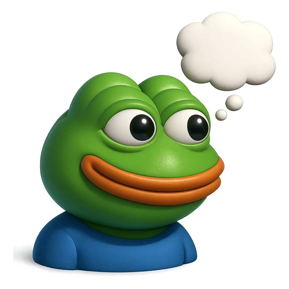 make a pepe in bright green smiling with thought bubble looking at right side in 3d style, good highlights and shadows, drop shadows sticker